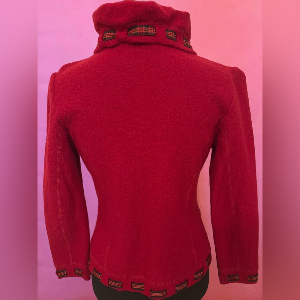 Vintage 90s Y2K Red Wool Button-Up Jacket Cardigan w/ Black Plaid Trim - XS - Picture 6 of 14